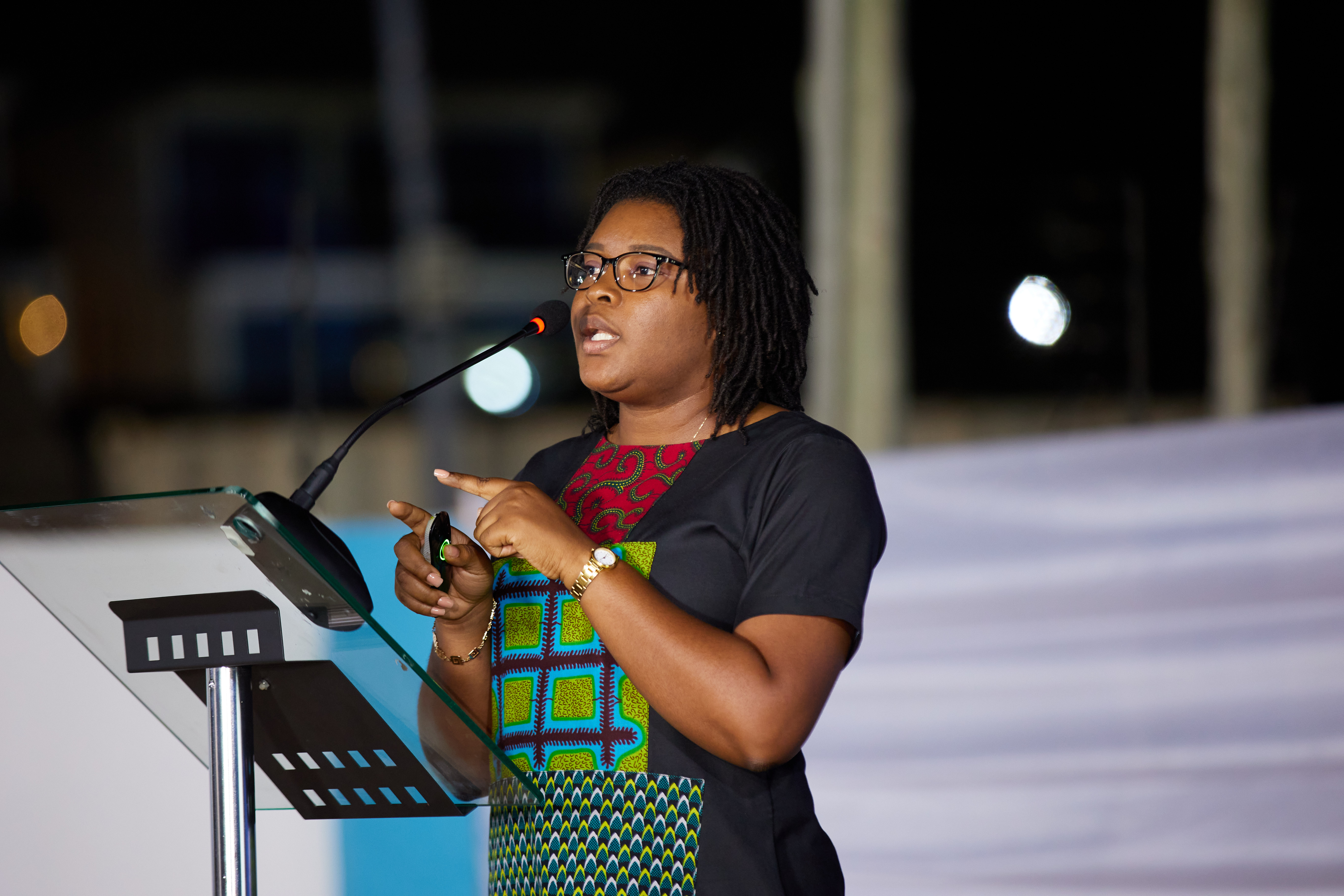 Webster University Ghana Professor Mariam Selorm Sapah speaks at the event.