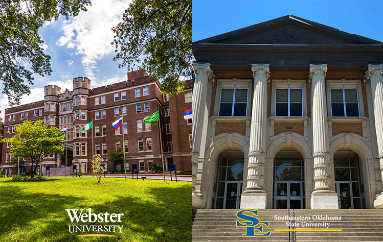 Photo and logo of Webster University on the left, photo and logo of Southeastern Oklahoma State on the right.