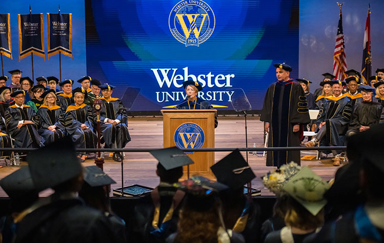 Chancellor Stroble speaks at Webster's 104th Commencement Ceremony.