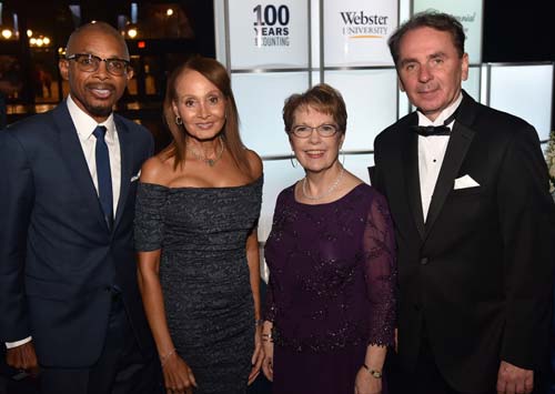 Maurice and Brenda Newberry, Webster University alumna and chair emeritus of the board of trustees with president and provost.