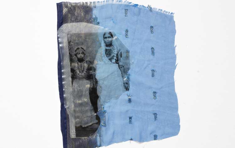 Renluka Maharaj, Priya with her daughter Ira, 2022, pigmented ink print on acrylic skin, silk-blended Sari fabric with embroidery, 15