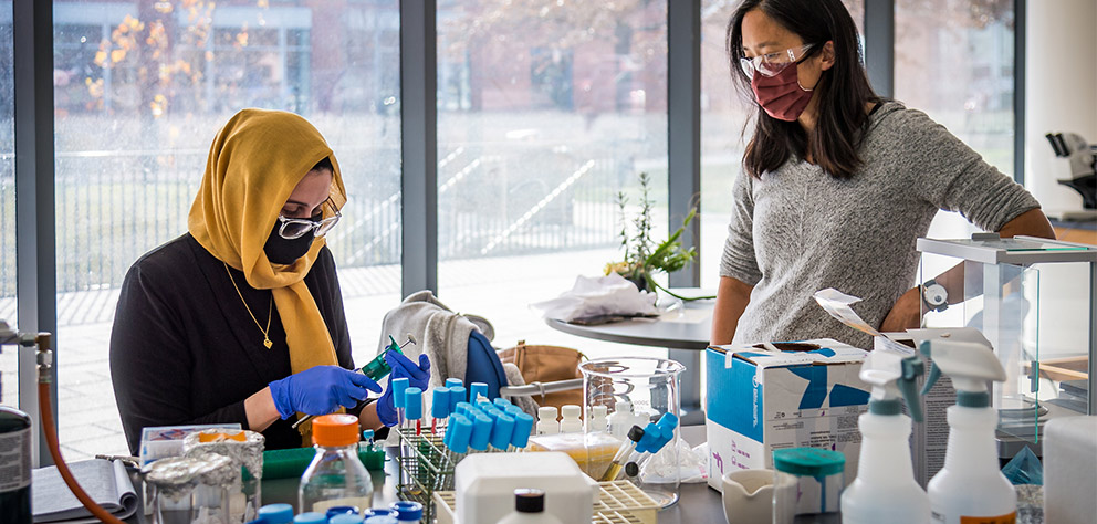 Webster student and faculty member in a science lab