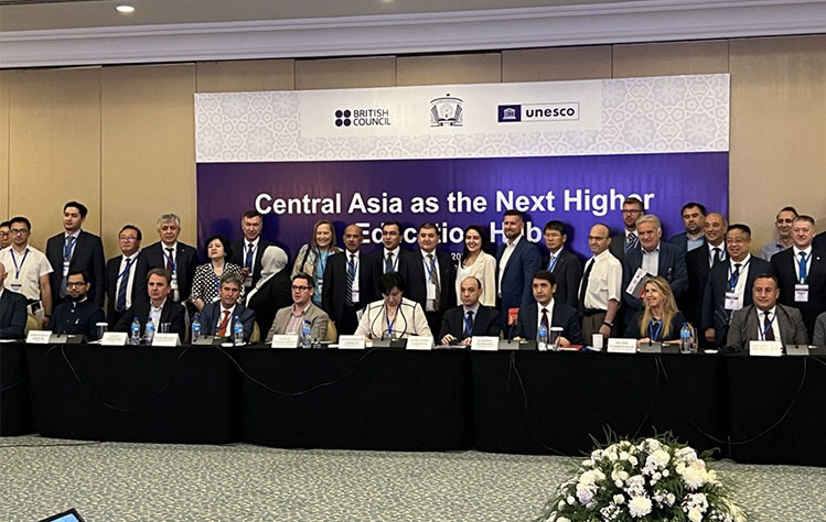 Participants of the Central Asia as the Next Higher Education Hub conference, including Webster University President Julian Z. Schuster, and Director-General of Global Campuses Ryan Guffey.