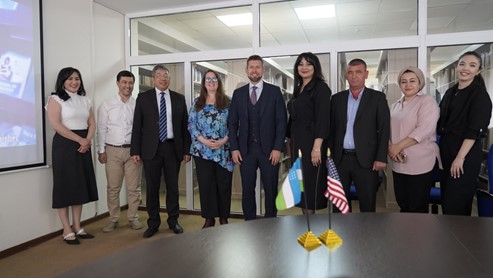 Dean MacCartney and Director General Guffey with Vice Rector Sakhibovich and leadership of the Uzbekistan State University of World Languages.