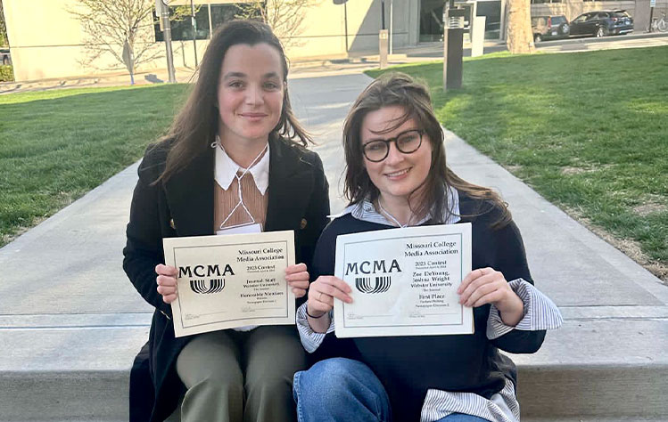 Elsa Connolly, managing editor of The Journal (left) pictured with Zoe DeYoung, editor-in-chief of The Journal (right) hold awards outside after the MCMA convention. 