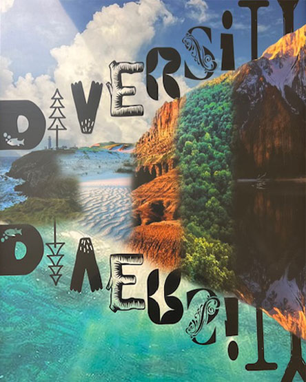 A poster that mirrors the word "Diversity" with a background landscape of trees, water, mountains, and more diverse aspects of the Earth's terrain.