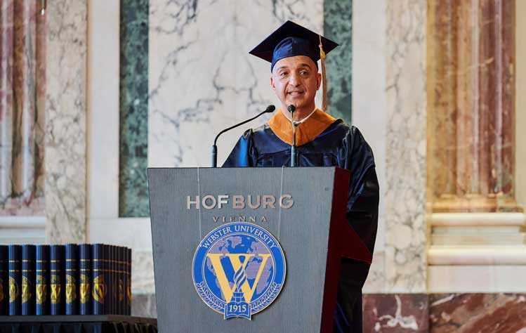 Article image 2Maziar Mike Doustdar, CEO at Novo Nordisk and a Webster Vienna Private University (WVPU) alumnus, addresses the class of '26