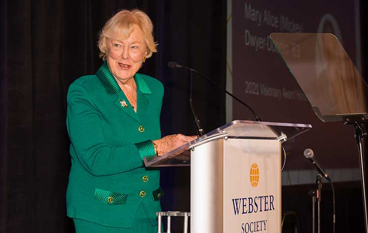 Mary Alice “Mickey” Dwyer-Dobbin giving a speech at the Webster Society Dinner