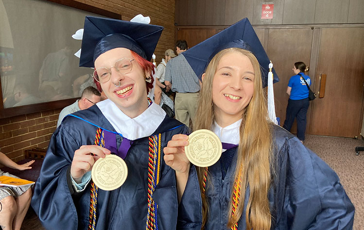 Emerald Habecker and Sarah Morgenthaler, the first two Gleich Honors College Students to earn a degree at Webster University.