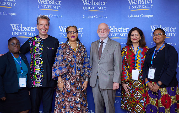 Slavery Past, Present and Future conference leaders.   From left to right: Linda Deigh (Academic Director, Webster Ghana), Prof. Dr. Jean Paul van Marissing (Director, Webster Leiden Campus), Christa Sanders (Campus Director, Webster Ghana), Jeroen Verheul (Netherland's Ambassador to Ghana), Sheetal Shah (Academic Director, Webster Leiden Campus) and Karen E. Bravo (Dean, Indiana University Robert H. McKinney School of Law).
