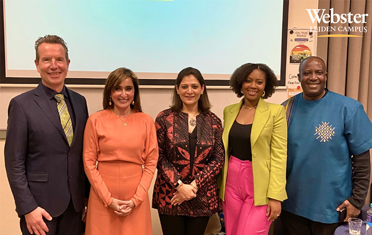 From left to right: Jean Paul van Marissing, H. E. Shefali Razdan Duggal, Sheetal Shah, Consuela Esseboom, and Yaw Pare, who served as panelist speakers at the event.
