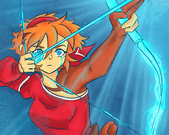 An illustration of a female cartoon character with a bow and arrow, wearing red and brown against a blue background.
