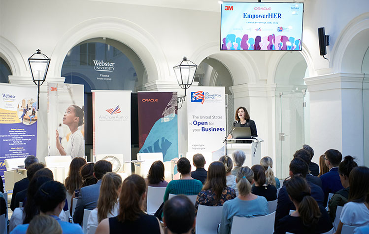 Victoria Reggie Kennedy, United States Ambassador to Austria, speaks at the event.