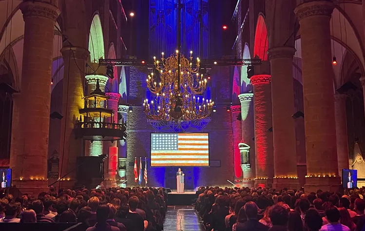 A full crowd is seated in the Pieterskerk as the event begins.