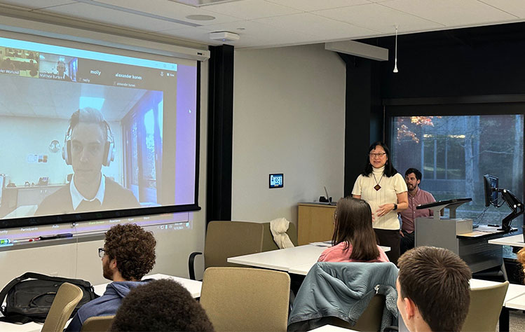 Maruyama, with Burton, who attended virtually, present a Game Design in Japan session to students to prepare them for their faculty-led study abroad program.