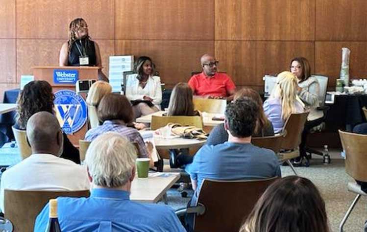 The panel “Marginalized Identities in Leadership: How to Leave the Door Open,” featuring Webster University Associate Vice President for Diversity, Equity & Inclusion and Chief Diversity Officer Vincent C. Flewellen.