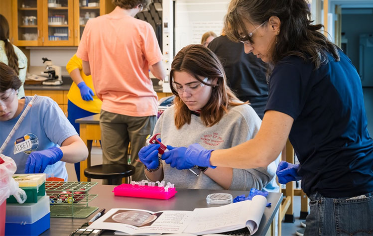 Victoria Brown-Kennerly, director of the Computational Biology program, assists a camper with a phage experiment.