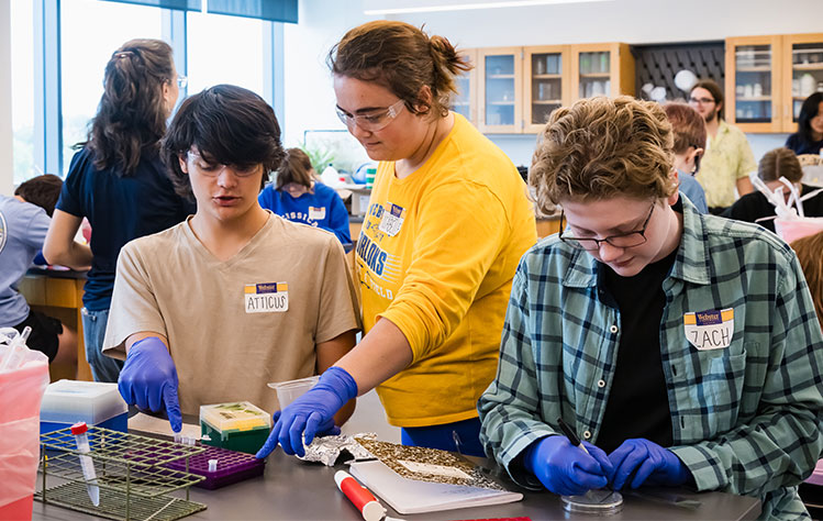 Undergraduate Biology student Isabelle Llewelyn gives advice to a camp attendee. 