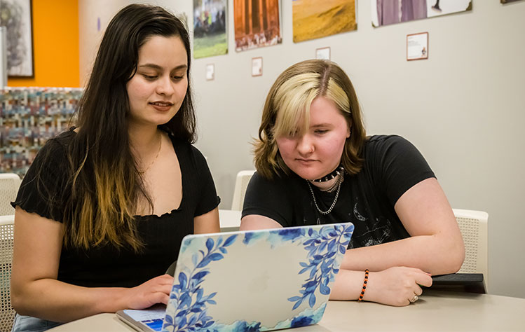 A Reeg ARC student writing center coach and Webster student proofread a paper.