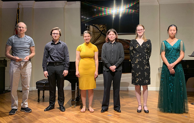 Award recipients Darek Kosinski (left) Theresa Monteleone (3rd from right) and Kaitlyn George (2nd from right) are pictured with John Noto, President of the Rubinstein Music Club (far left). Photo credit: Tai Lin, Rubinstein Club member and philanthropist to the musical community.  