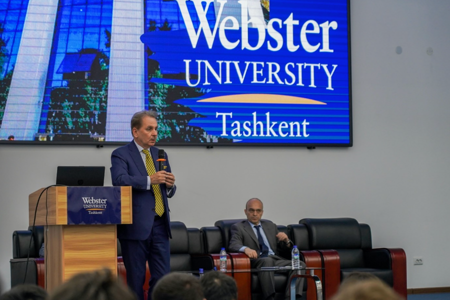 President Schuster speaking at an event in Tashkent in 2024