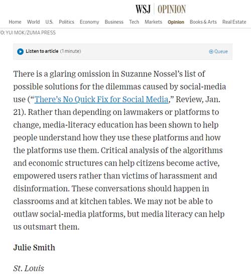 Julie Smith's Letter in the Wall Street Journal