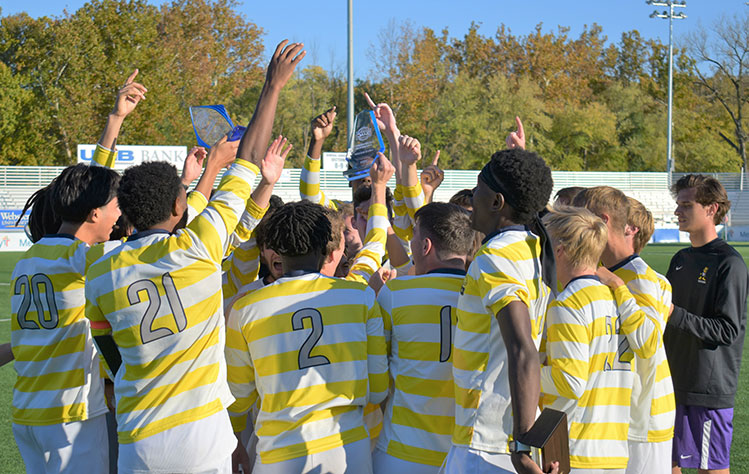 Webster's 2021-2022 Men's Soccer Team celebrating their SLIAC championship