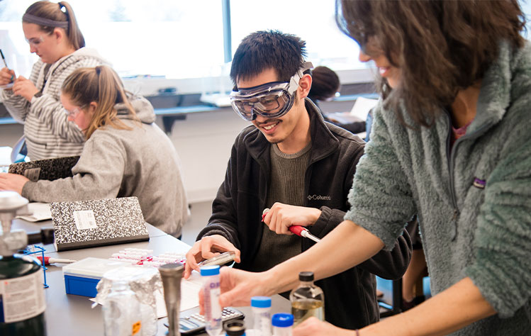A group of undergraduate students experiment in a biology lab.