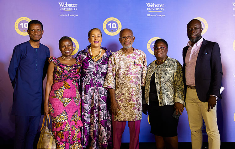 From left to right: Nii Odoi Dzatsui Glover (Son of Prof. Glover), Odile Tevie (director, Nubuke Foundation, and Global Conversations event moderator), Christa Sanders Bobtoya (campus director, Webster Ghana), Prof. Ablade Glover (guest speaker, Artists Alliance Gallery), Linda Deigh (academic director, Webster Ghana), and Ernest Boakye (head of library, Webster Ghana). 