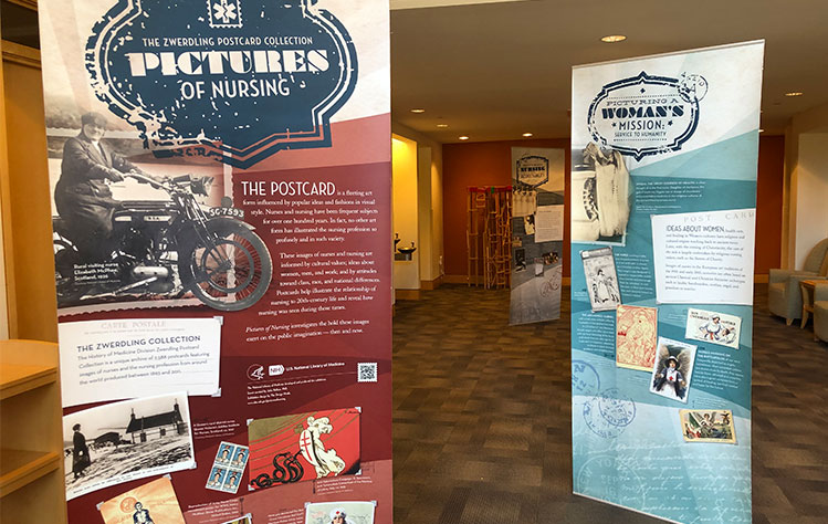 A photo of the Traveling Nurse Exhibit, displayed in Webster's Emerson Library.