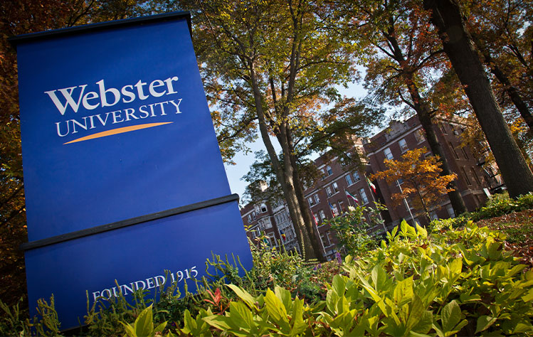 Webster University's entrance sign at the Webster Groves campus.