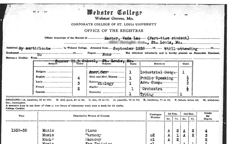 Vada Lee Easter's Webster College Transcript