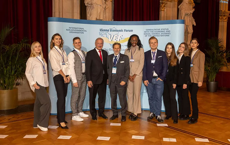 A group of students with WVPU Associate Director Samuel R. Schubert at the Vienna Economic Forum.