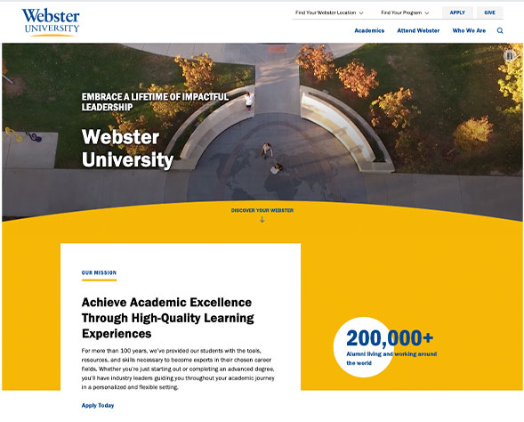 Screenshot of the Webster website home page with large landscape video and large yellow area below with text
