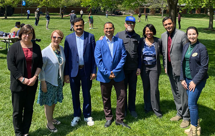 Vice President for Academic Affairs Nancy Hellerud, Chancellor Beth Stroble, two visitors from the Jaipuria Institute of Management, WUCT Faculty Advisor Joe Roberts, Walker School of Business and Technology dean Simone Cummings, Assistant Vice President Samrat Ray Chaudhuri, and Graduate Assistant Khoushleem Bano.