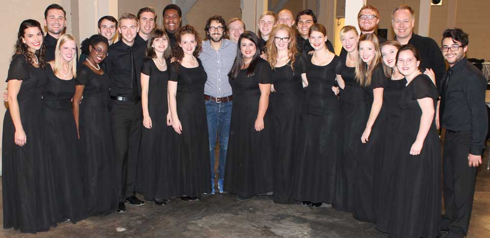 Josh Groban greets Webster University students. Webster Chamber Singers with Josh Groban